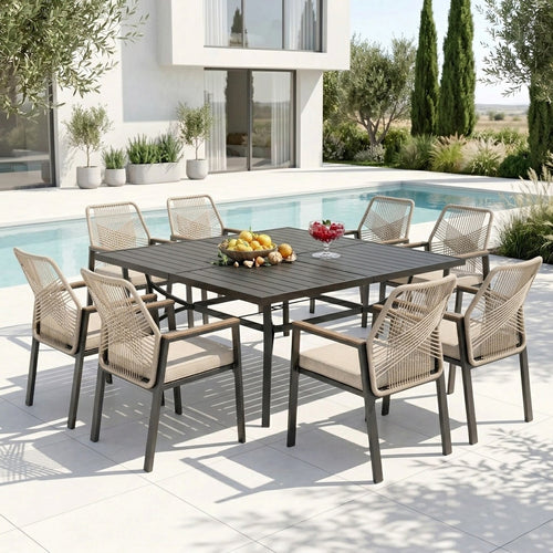 Mirage 9-Piece Patio Dining Set with Stylish Rattan Rope Chairs and Square Table for 8