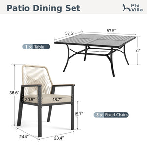 Mirage 9-Piece Patio Dining Set with Stylish Rattan Rope Chairs and Square Table for 8