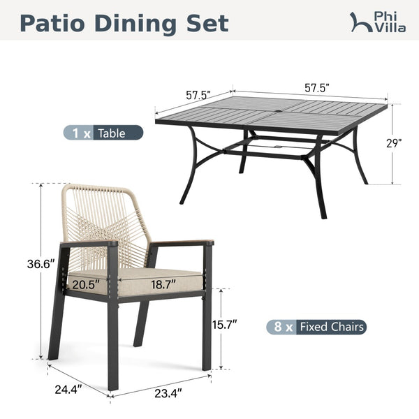 Mirage 9-Piece Patio Dining Set with Stylish Rattan Rope Chairs and Square Table for 8