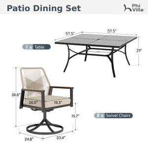 Mirage 9-Piece Patio Dining Set with Stylish Rattan Rope Chairs and Square Table for 8