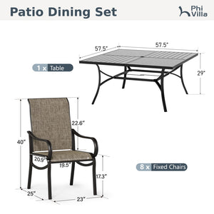 Wave 9 Pcs Outdoor Dining Set with Enlarged Square Table and Fixed Chairs