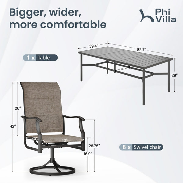 Phi Villa 8-seat Outdoor Dining Set with High-back Swivel Chairs
