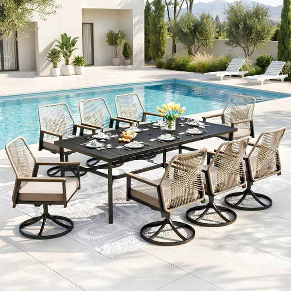 9-Piece outdoor dining set with table, and 8 rope-art swivel chairs