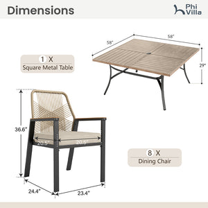 Phi Villa Mirage 9-Pcs Patio Dining Set with Farmhouse Enlarged Square Table