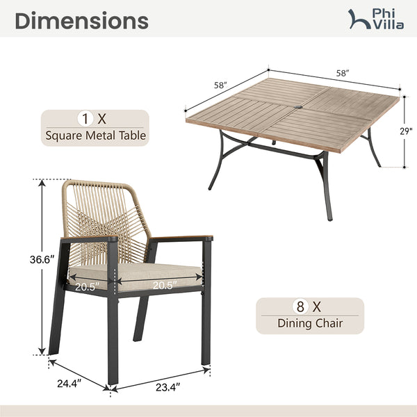 Phi Villa Mirage 9-Pcs Patio Dining Set with Farmhouse Enlarged Square Table