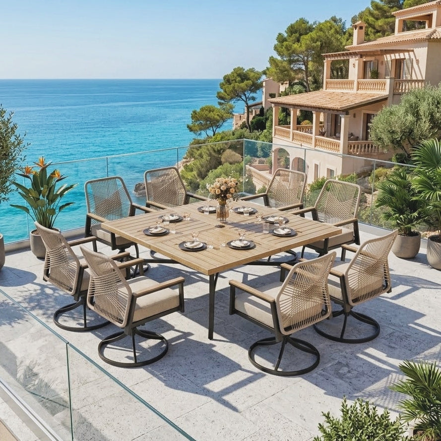 An outdoor dining set on a terrace overlooking the blue sea, featuring a rectangular wooden table and eight woven-back swivel chairs with beige cushions, set against a Mediterranean-style villa background.