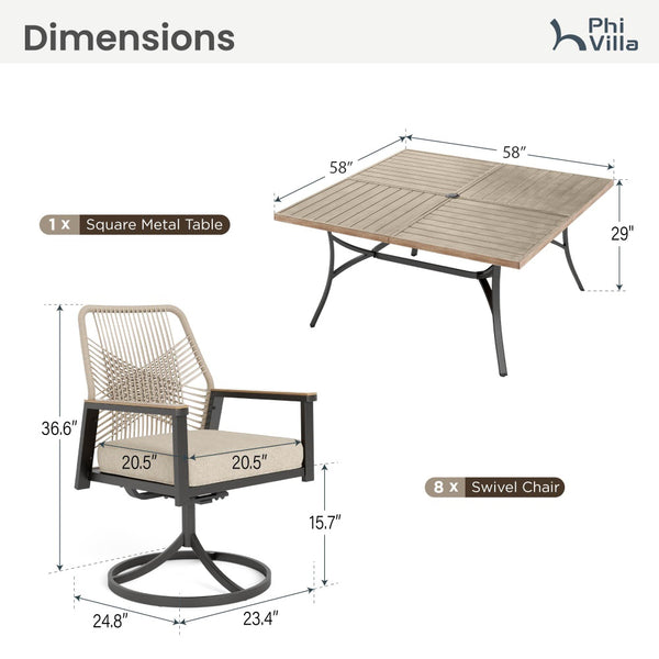 Phi Villa Mirage 9-Pcs Patio Dining Set with Farmhouse Enlarged Square Table