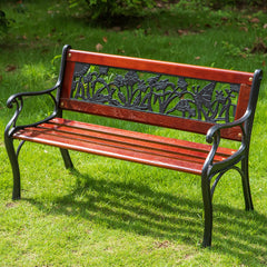 PHI VILLA 33" Outdoor Kids Sized Garden Metal Bench with Wood Seating
