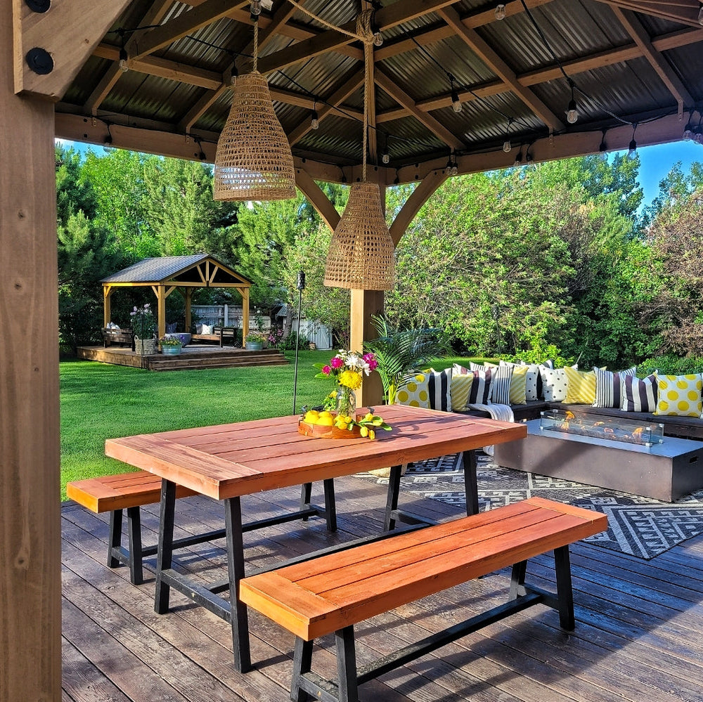 Phi Villa Patio Modern Acacia Wood Dining Set Outdoor Bench Picnic Table