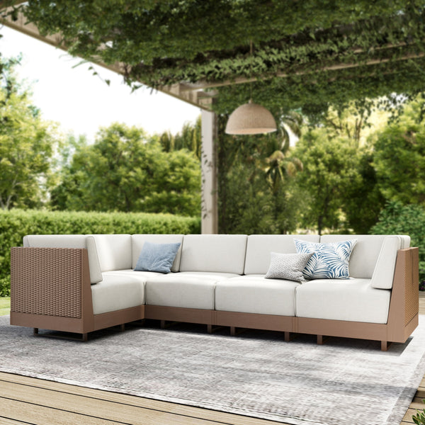Alameda 4-Seater Woodgrain HDPE Garden Modular Sectional Rattan Sofa Set