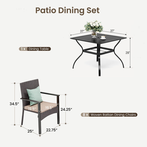 9/7/5-Piece Outdoor Dining Set with Brown Rattan Dining Chair for Deck and Patio