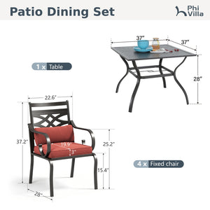 PHI VILLA 5-Piece Patio Dining Set 4 Fixed Steel Chairs and Dining Table