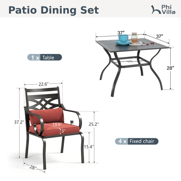 PHI VILLA 5-Piece Patio Dining Set 4 Fixed Steel Chairs and Dining Table