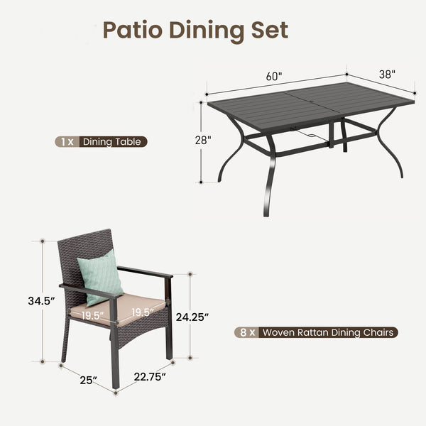 9/7/5-Piece Outdoor Dining Set with Brown Rattan Dining Chair for Deck and Patio