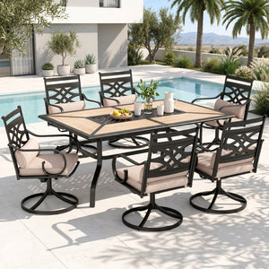 Vine 7-Piece Patio Dining Set Patch Wood-Grain Table and Stylish Steel Chairs