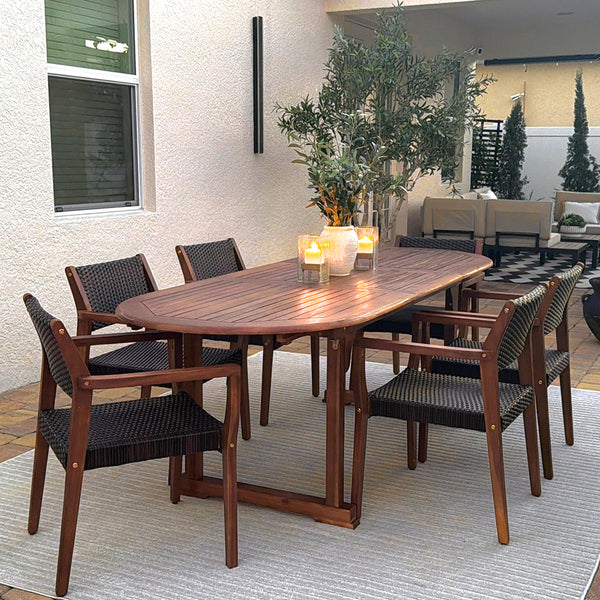 Phi Villa Bucolic Luxurious Wooden Dining Set with Expandable Table & Rattan Chairs