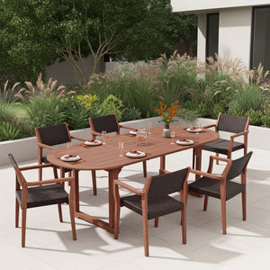 Phi Villa Bucolic Luxurious Wooden Dining Set with Expandable Table & Rattan Chairs