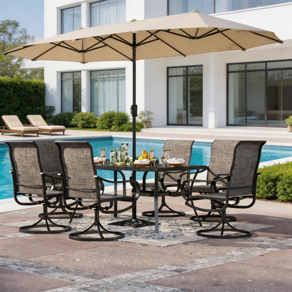 8-Piece Umbrella Patio Dining Set with 13FT Double-side Umbrella and Sling Swivel Chairs