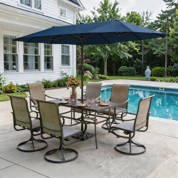 8-Piece Umbrella Patio Dining Set with 13FT Double-side Umbrella and Sling Swivel Chairs, Beige / Grey