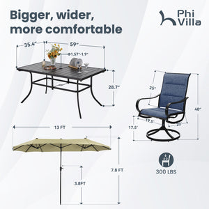 Modern 8-Piece Umbrella Patio Dining Set with Blue Padded Swivel Chairs