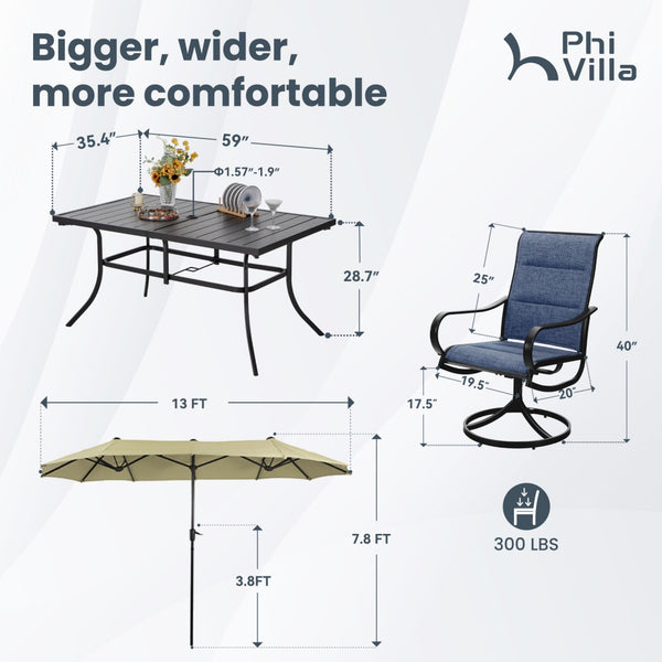 Modern 8-Piece Umbrella Patio Dining Set with Blue Padded Swivel Chairs