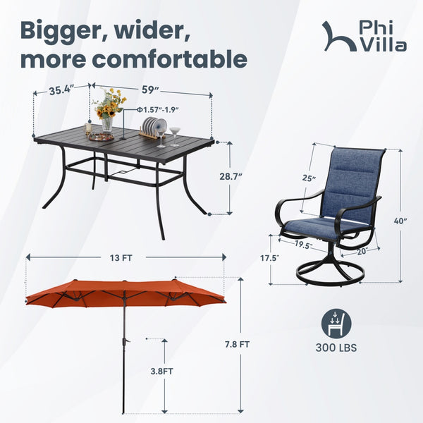 Modern 8-Piece Umbrella Patio Dining Set with Blue Padded Swivel Chairs