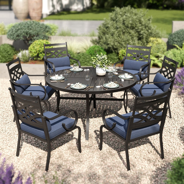 7-Piece Round Table Patio Dining Set of Steel Fixed Chairs with Cushion and Pillow-Phi Villa