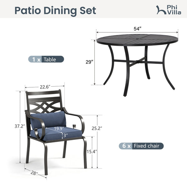 7-Piece Round Table Patio Dining Set of Steel Fixed Chairs with Cushion and Pillow-Phi Villa