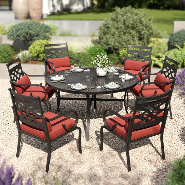 7-Piece Round Table Patio Dining Set of Steel Fixed Chairs with Cushion and Pillow-Phi Villa