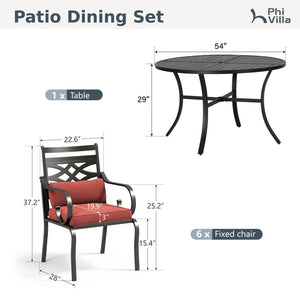 7-Piece Round Table Patio Dining Set of Steel Fixed Chairs with Cushion and Pillow-Phi Villa