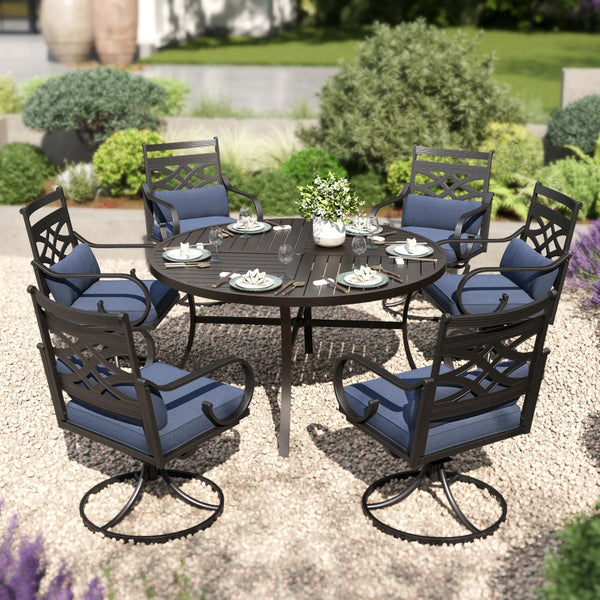 7-Piece Round Table Patio Dining Set of Steel Fixed Chairs with Cushion and Pillow-Phi Villa