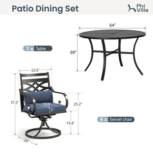 7-Piece Round Table Patio Dining Set of Steel Fixed Chairs with Cushion and Pillow-Phi Villa