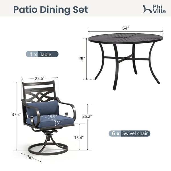 7-Piece Round Table Patio Dining Set of Steel Fixed Chairs with Cushion and Pillow-Phi Villa