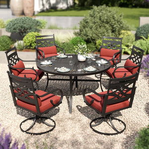 7-Piece Round Table Patio Dining Set of Steel Fixed Chairs with Cushion and Pillow-Phi Villa
