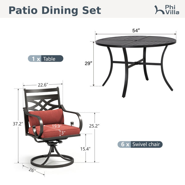 7-Piece Round Table Patio Dining Set of Steel Fixed Chairs with Cushion and Pillow-Phi Villa