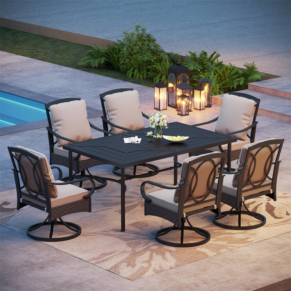 luxurious swivel dining chairs and large embossed outdoor dining table