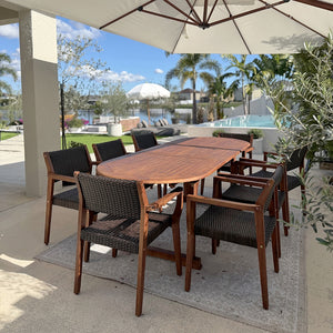 Phi Villa Bucolic Luxurious Wooden Dining Set with Expandable Table & Rattan Chairs