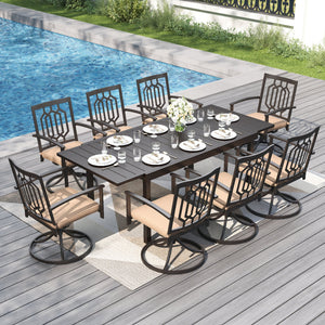 8-seat outdoor dining set with extendable table and 8 chairs on a patio with garden background