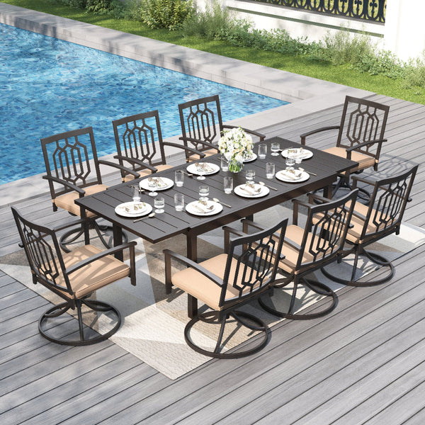 8-seat outdoor dining set with extendable table and 8 chairs on a patio with garden background