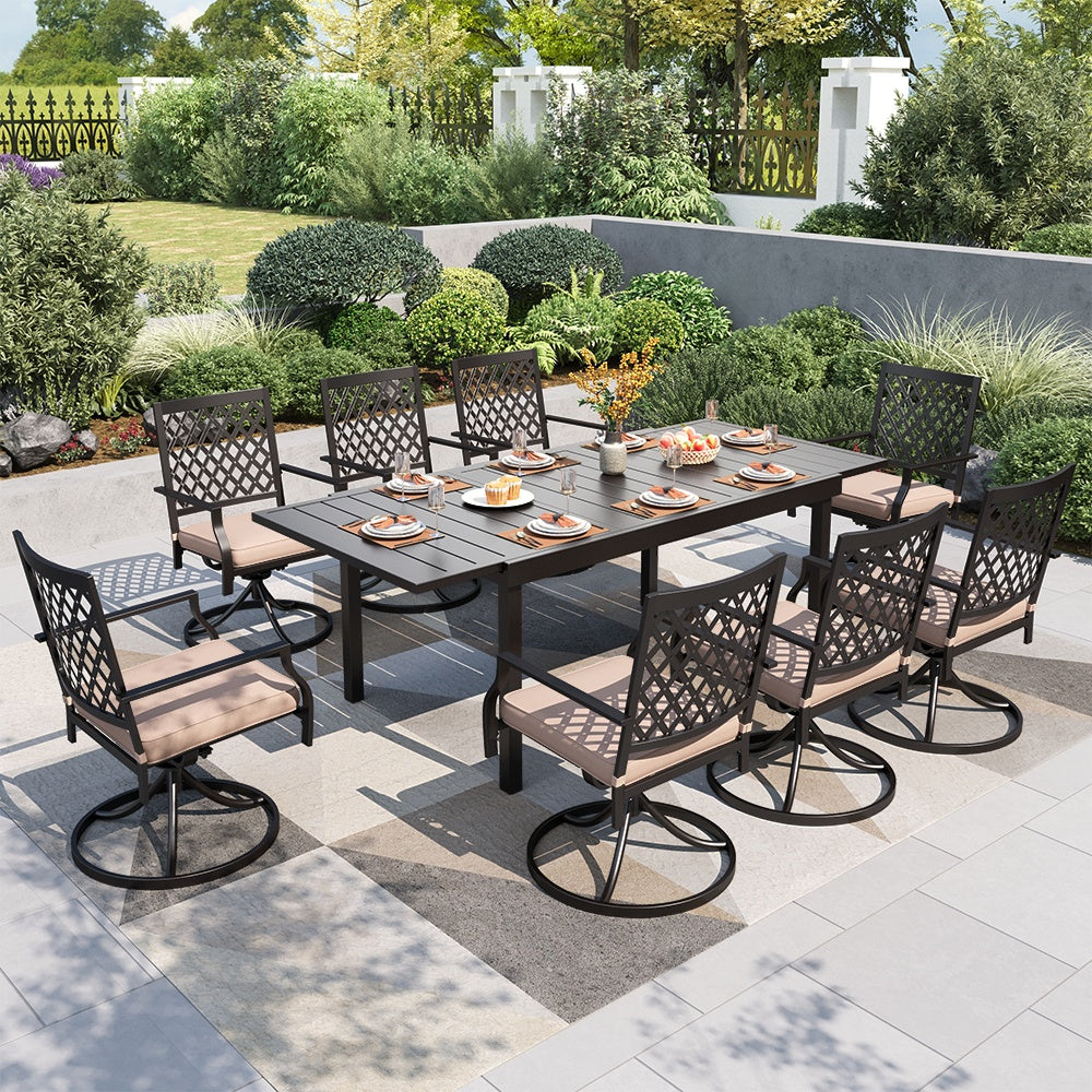 8-seat outdoor dining set with extendable table and 8 chairs on a patio with garden background