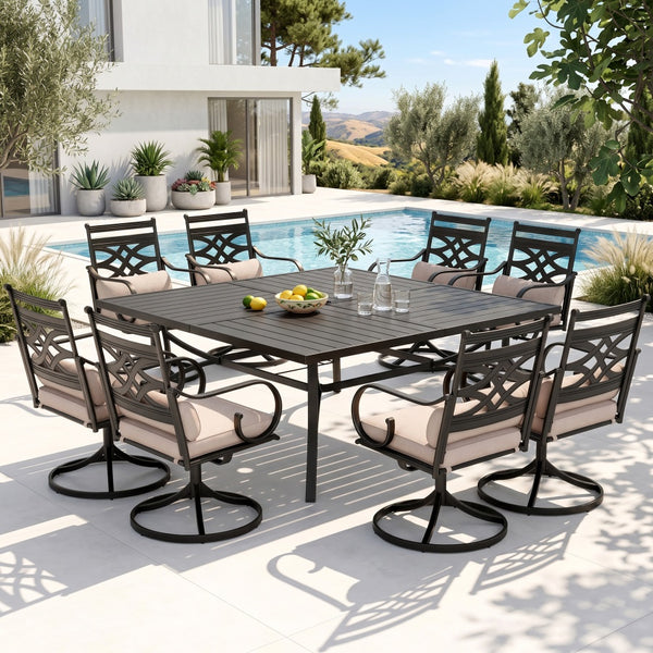 Outdoor patio set with table and chairs by a pool