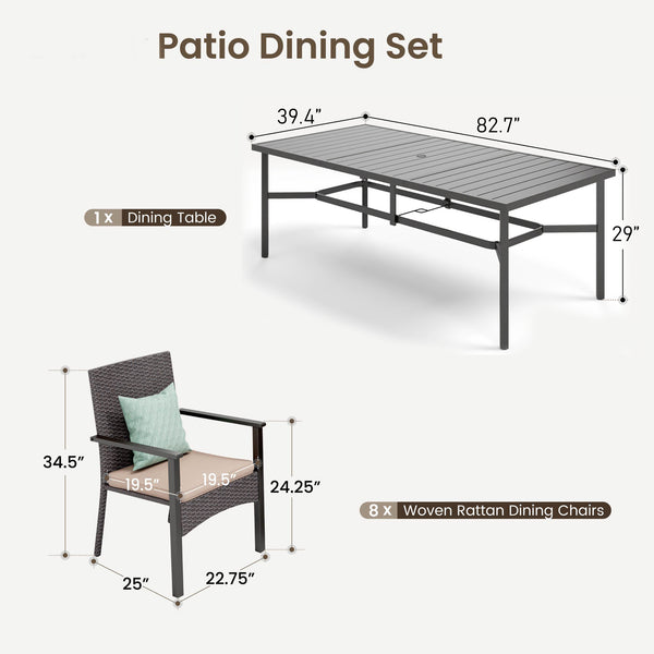 9/7/5-Piece Outdoor Dining Set with Brown Rattan Dining Chair for Deck and Patio
