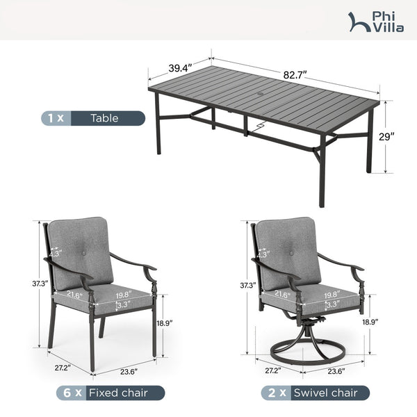 Patio conversation set with table and chairs, including dimensions, on a white background.