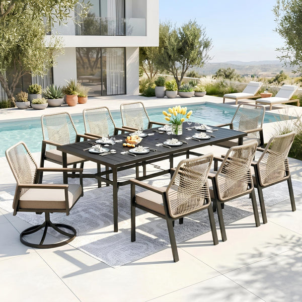 Mirage 9-Pcs Patio Dining Set with Stylish Rattan Rope Chairs & Long Table for 8
