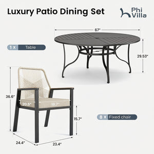 Mirage 5/7/9-Piece Patio Dining Set with Patterned Round Table & Stylish Rattan Rope Chairs-Phi Villa