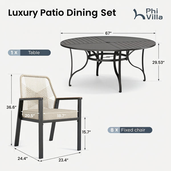 Mirage 5/7/9-Piece Patio Dining Set with Patterned Round Table & Stylish Rattan Rope Chairs-Phi Villa