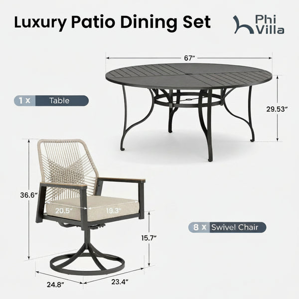 Mirage 5/7/9-Piece Patio Dining Set with Patterned Round Table & Stylish Rattan Rope Chairs-Phi Villa
