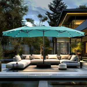 15ft Solar Double-Sided Patio Extra Large Twin Umbrella with Led Lights and Base