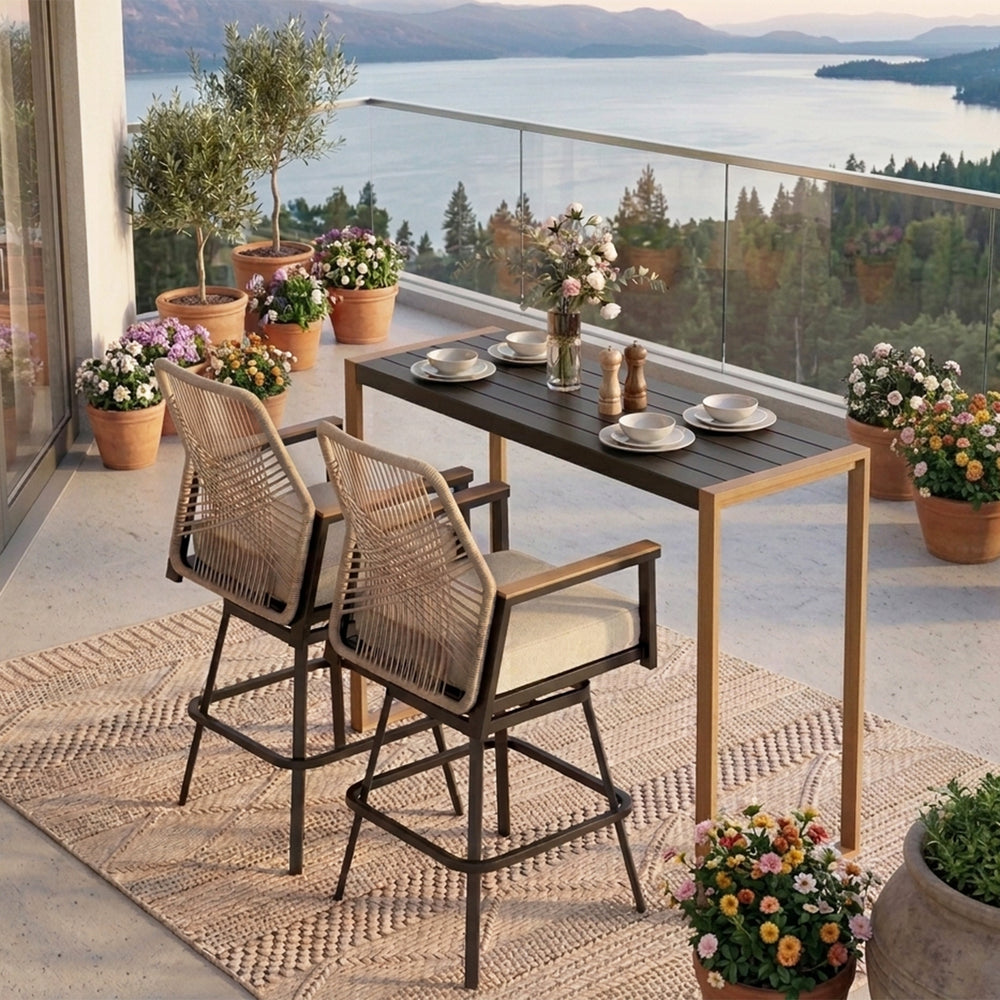 Phi Villa 3-Pcs Patio High Bar Set-Mirage Rope-art Stools & Sea Stone Tabletop Design