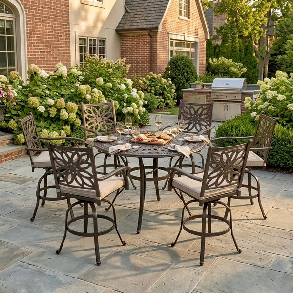 Cast Aluminum High Bar Dining Set with Round Table and 6 Swivel Barstools